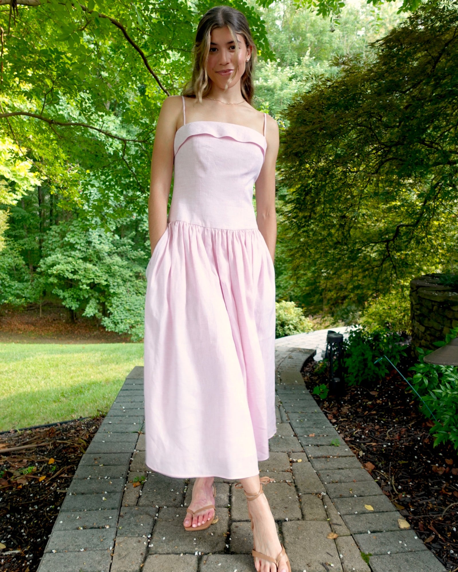 Pink linen midi dress fashion